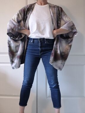 Tie-Dye Open Front Kimono Jacket - White, Gray & Purple - Raw Silk